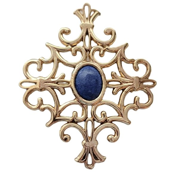 Sterling Silver Gold Vermeil Blue Stone Maltese Cross Brooch, Signed - Picture 1 of 7